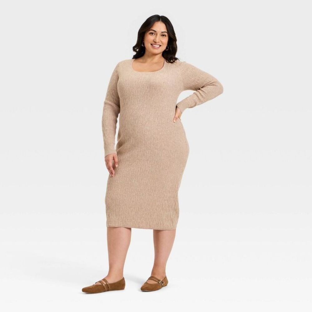 Women's Long Sleeve Textured Transitional Midi Sweater Dress - Brown 1X